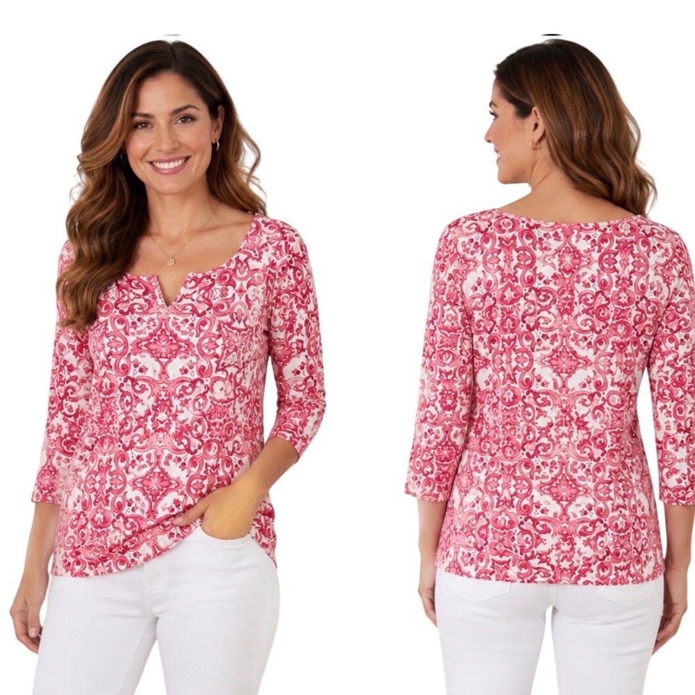 Sunny Leigh Medium Pink White Preppy Top V‎ Neck 3/4 Sleeve Barbiere Boho